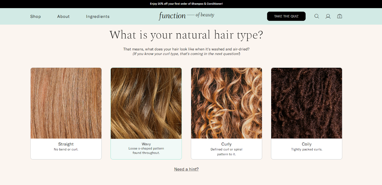 Hair quiz by Function of Beauty for personalized product recommendations