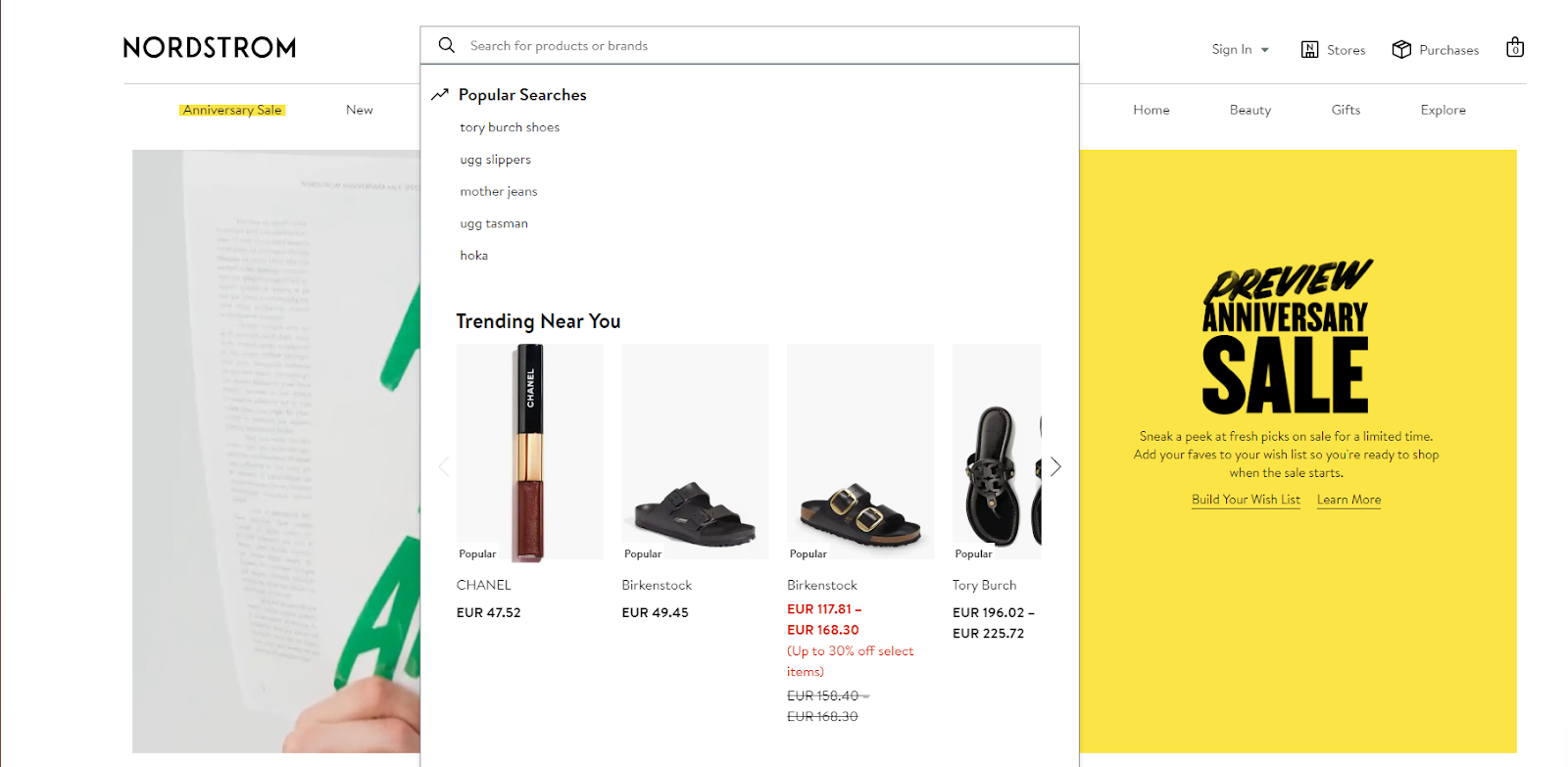 Nordstrom using searchandising in their e-commerce search function